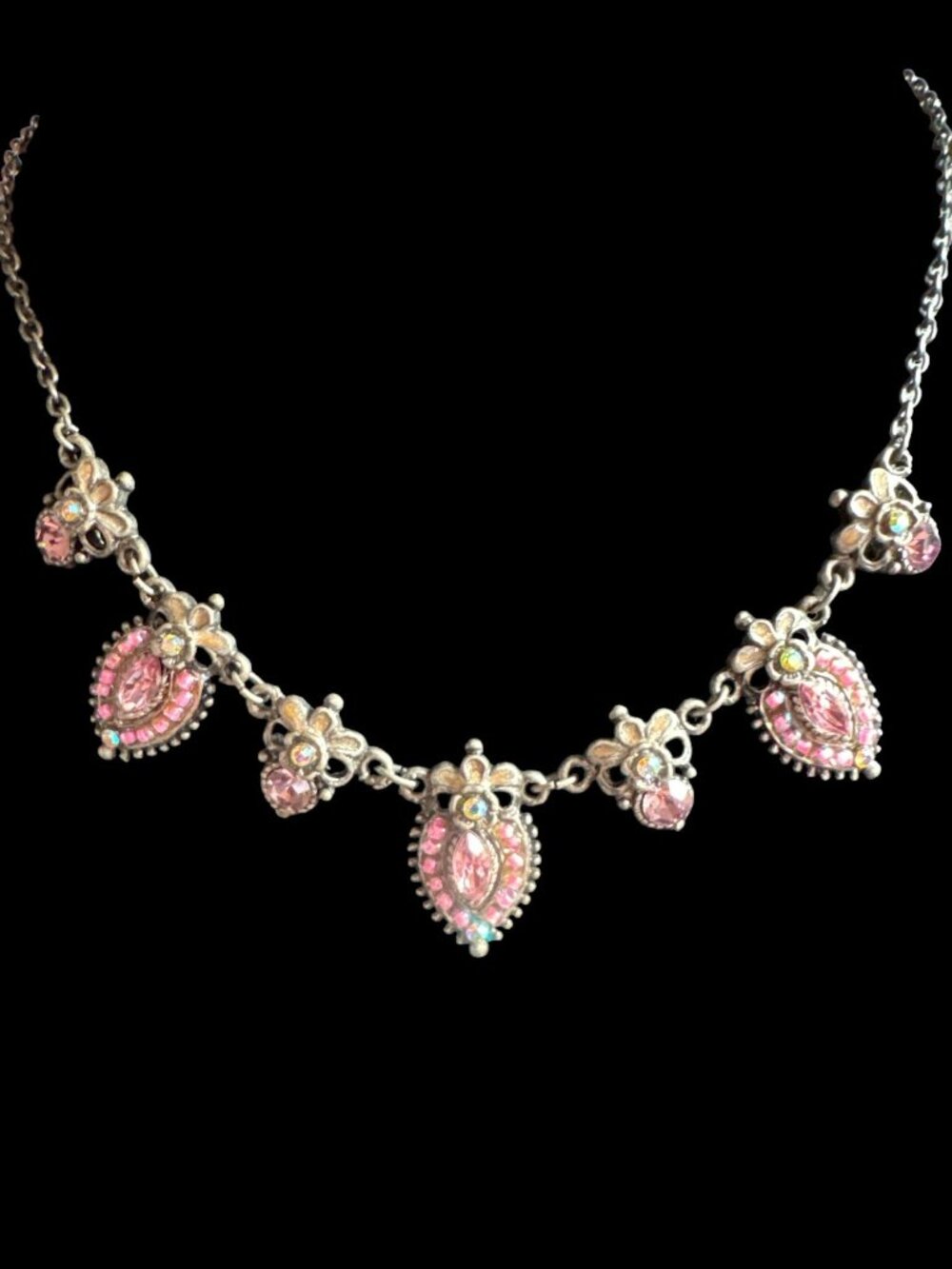 Vintage Silver Necklace With Pink Crystal Floral Motifs & Adjustable Chain Elega
